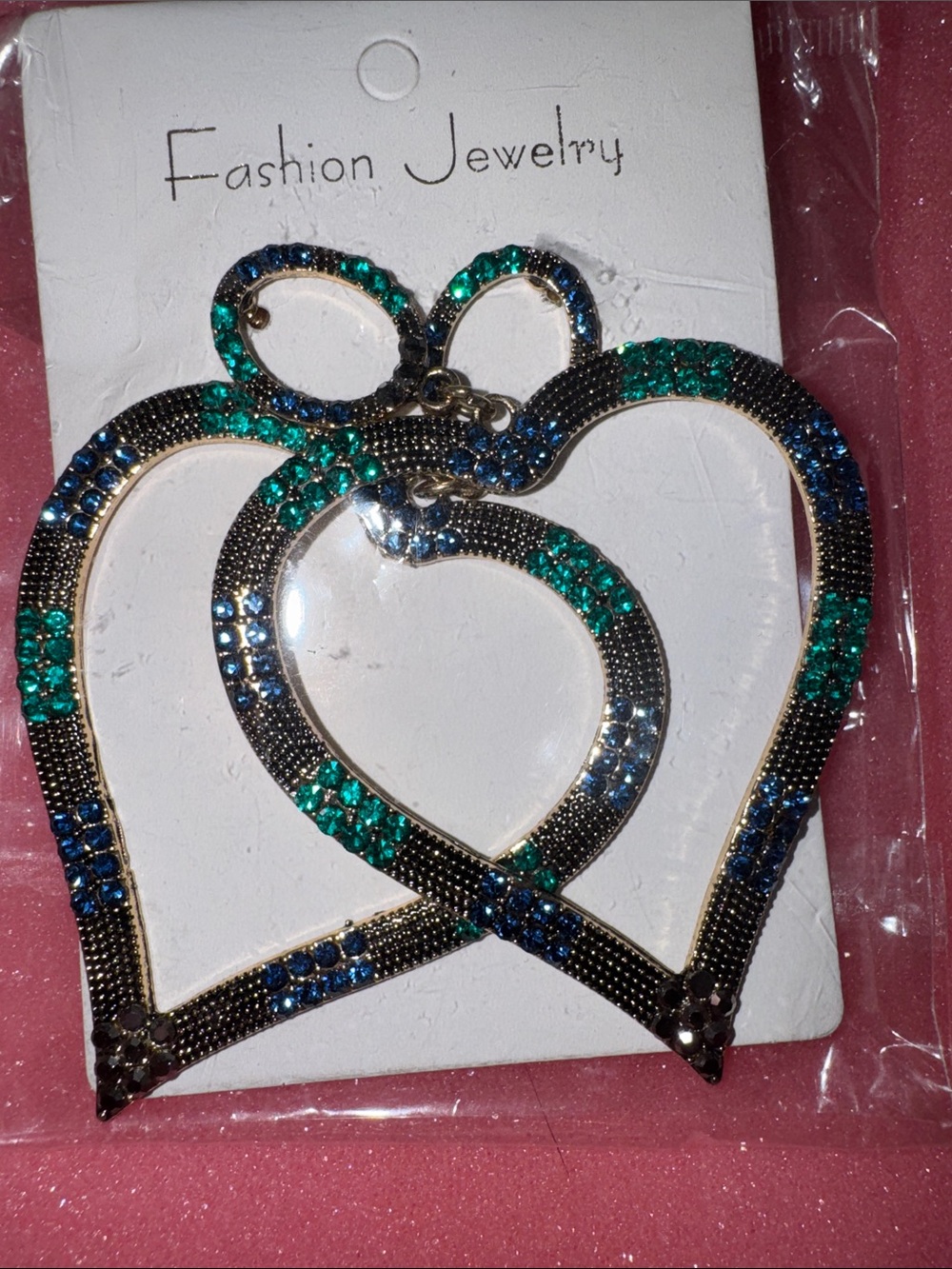 Fashion Jewelry Blue & Green Crystal Heart Dangle Earrings